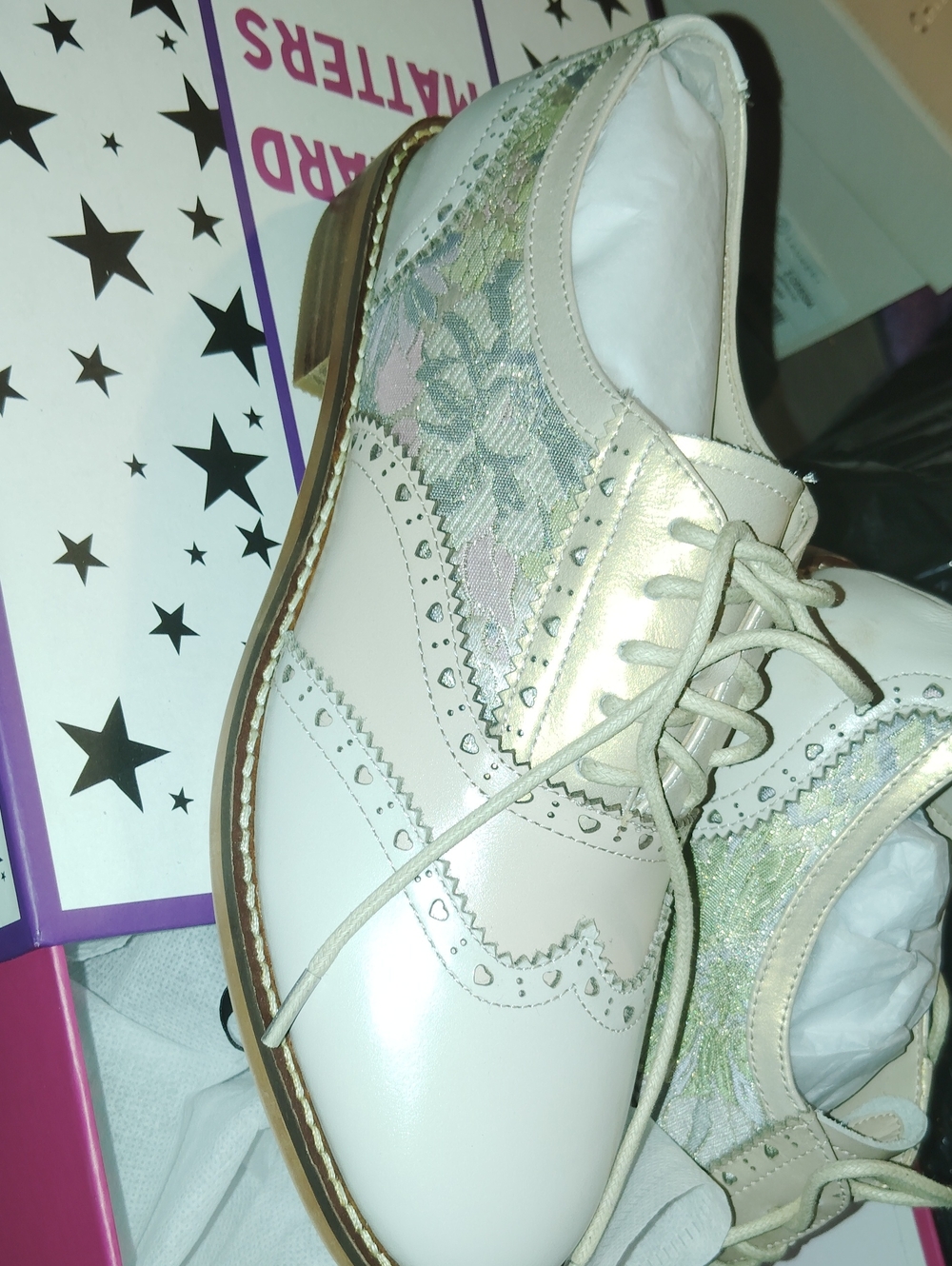 Women’s Cream Floral Brogue Oxfords with Lace-Up Detail